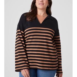 Lane Bryant - Relaxed Collar Notch-Neck Tan Stripe Black Long Sleeve Shirt - 3X